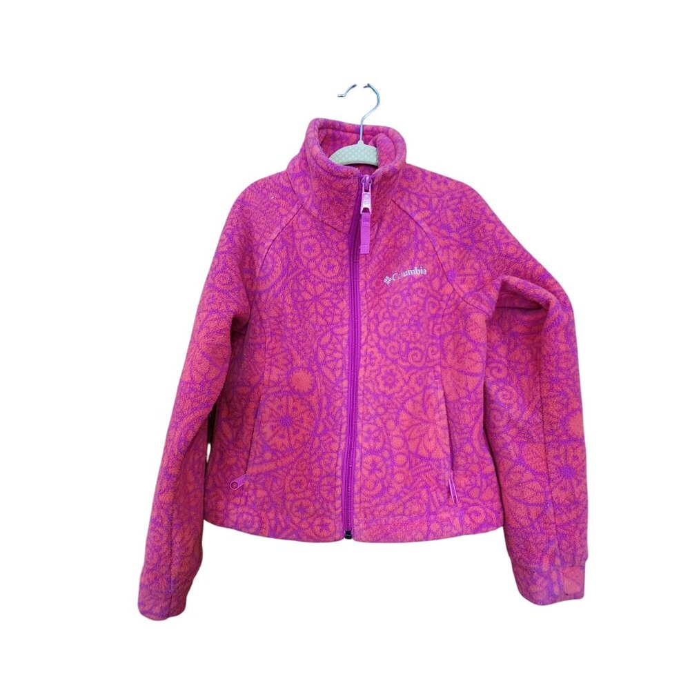 Columbia Girls XS Full-Zip Fleece Jacket Pink/Orange Pattern Warm Outdoor Wear